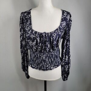 GRADE & GATHER Top Size LARGE Remmi Navy Blue Floral Smocked fab'rik NEW